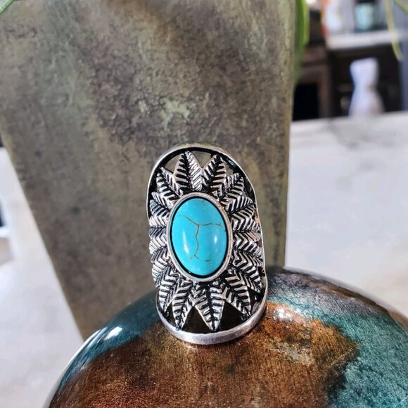 Silver Tone & Turquoise Stone Stretch Band Ring 💥3 for $24💥 - Picture 1 of 17